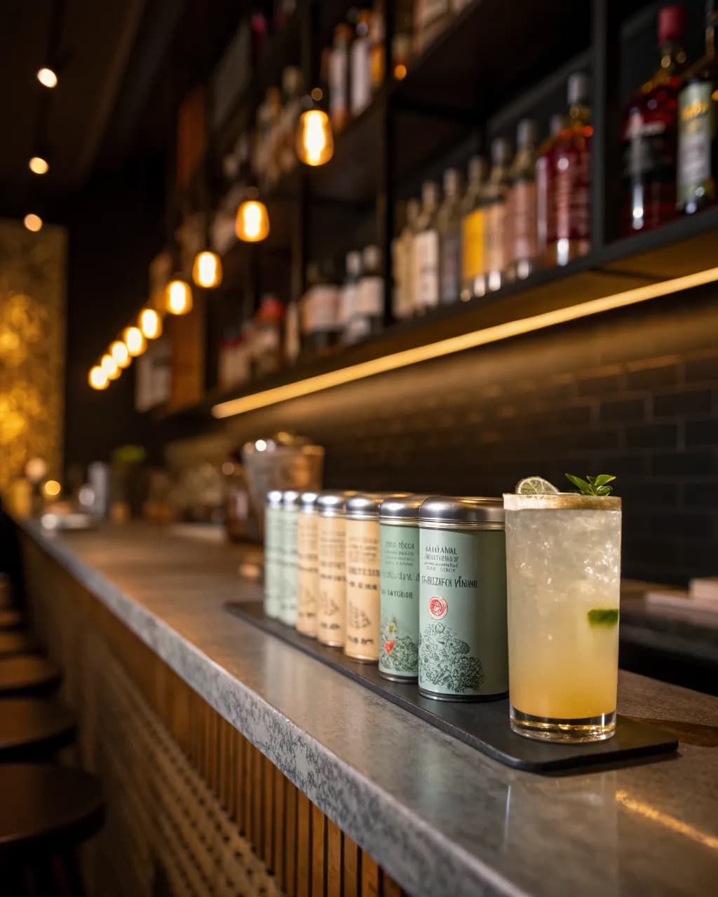 Bar mit Teedosen und Lychee-Limonade