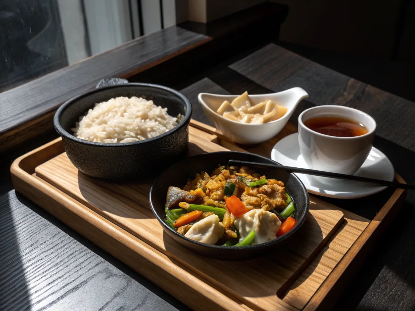 Mittagstisch: Schale mit Reis, Wok-Gericht und Suppe