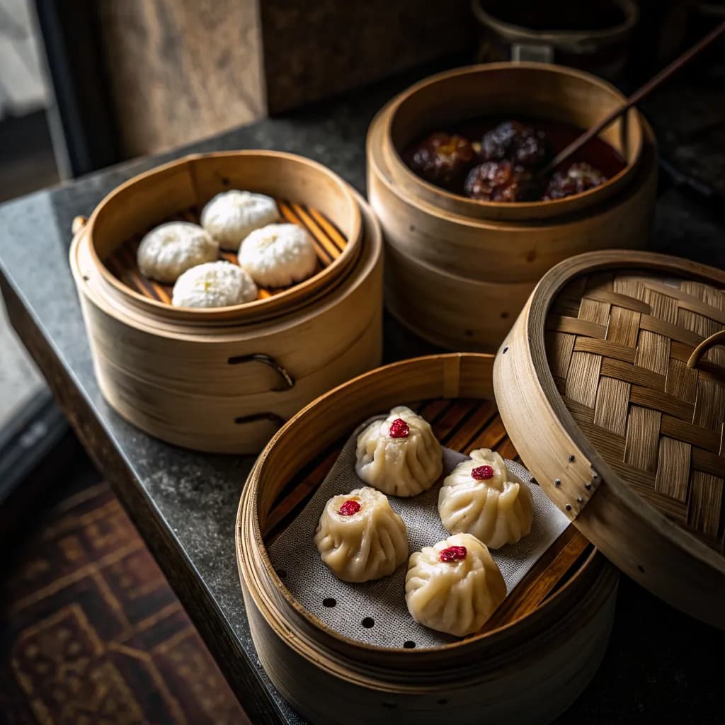 Verschiedene Dim Sum in Bambuskörben