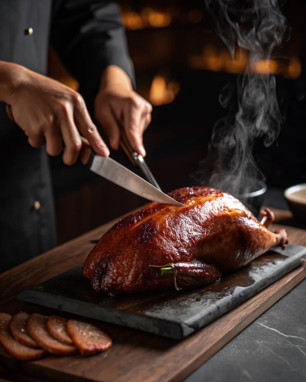 Peking-Ente wird am Tisch tranchiert