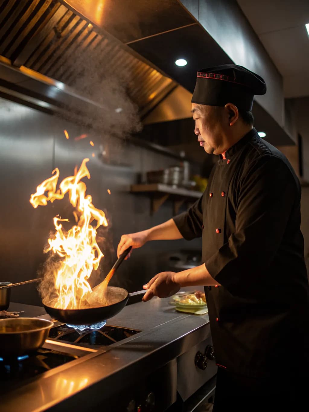 Küchenchef am Wok mit hoher Flamme